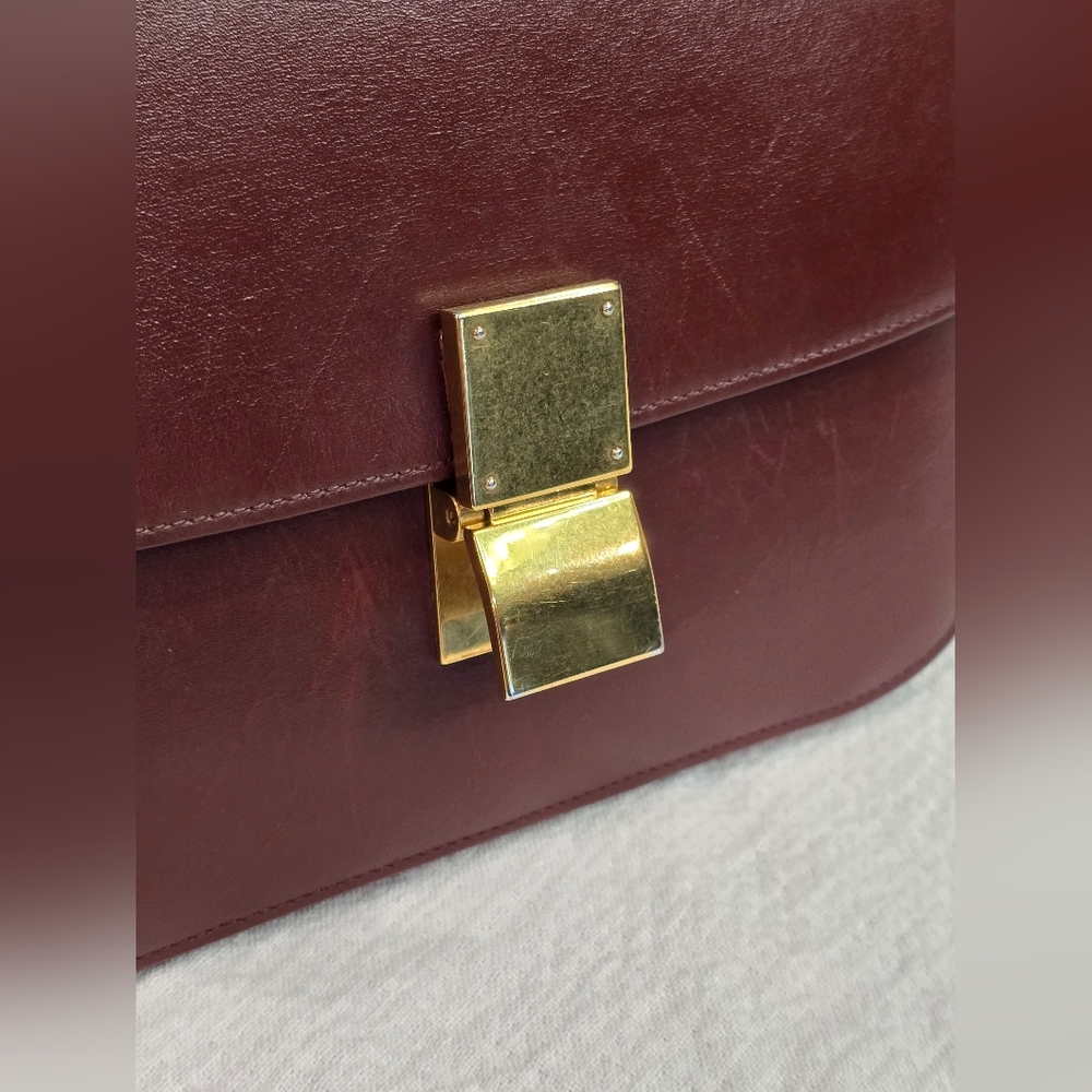 Celine Classic Box Leather Medium Bag Flap Purse Teen Triomphe Burgandy Brown - Picture 12 of 16